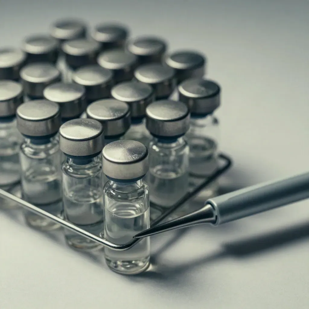 Micropipettes and sample vials in a magnetic rack on pale composite under hard studio light.