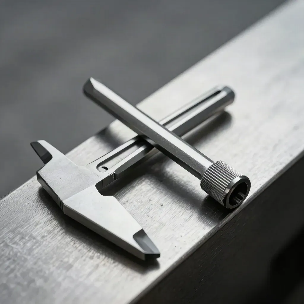 Caliper jaws, hex keys and knurled fasteners crossed on brushed steel in a tight macro
