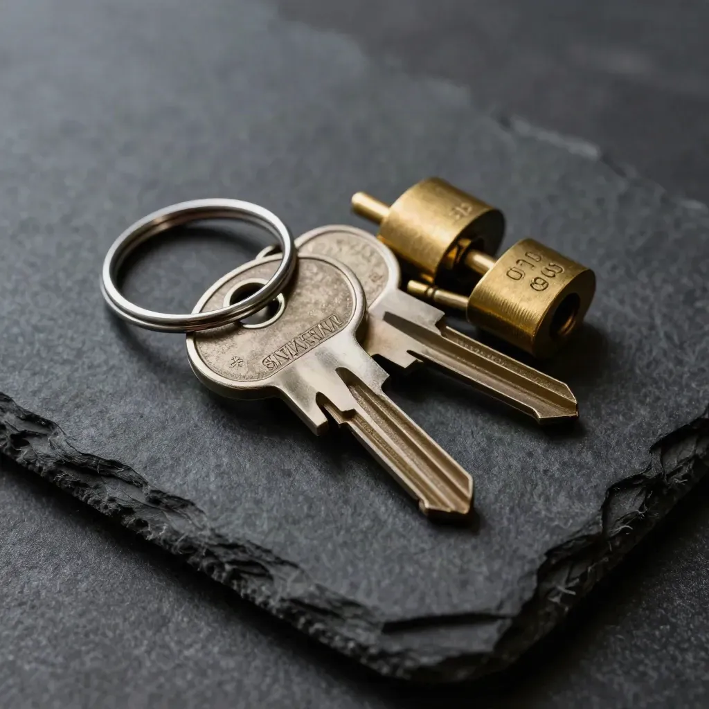Brass safe keys and lock tumblers on a felt-lined tray over dark stone.