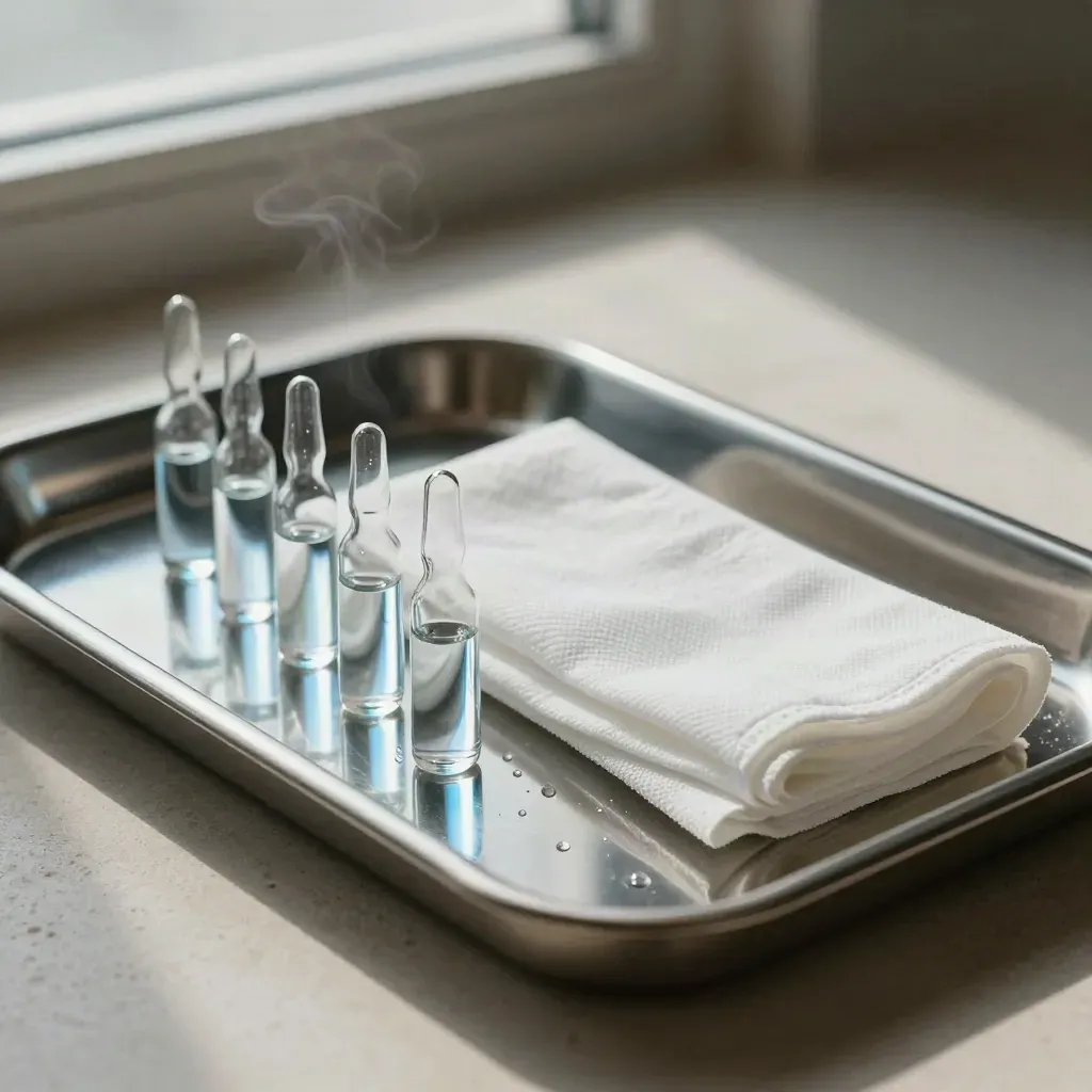 Stainless tray with glass ampoules and sterile wrap on pale stone in cool editorial light.