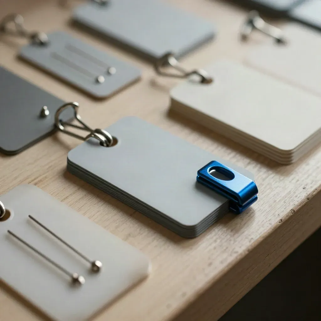 Overhead macro of RFID tags, security pins and modular hooks on pale ash wood