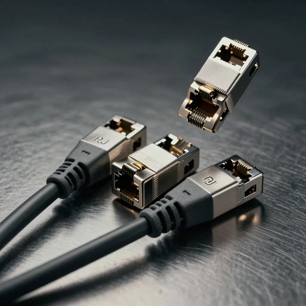 RJ45 couplers and braided patch leads on brushed metal with dramatic studio light