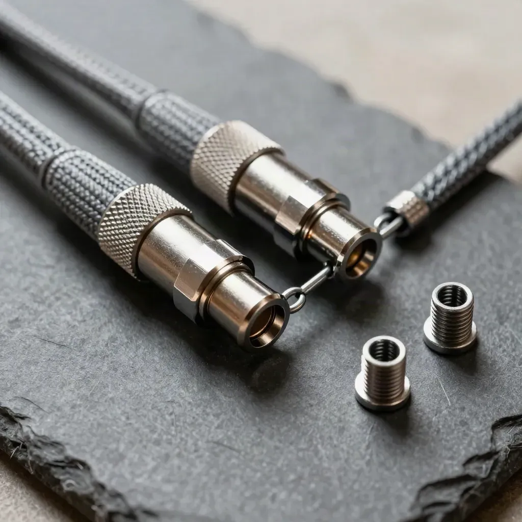 Macro of linked anodised connector ends with braided patch lead and spare ferrules on graphite stone.