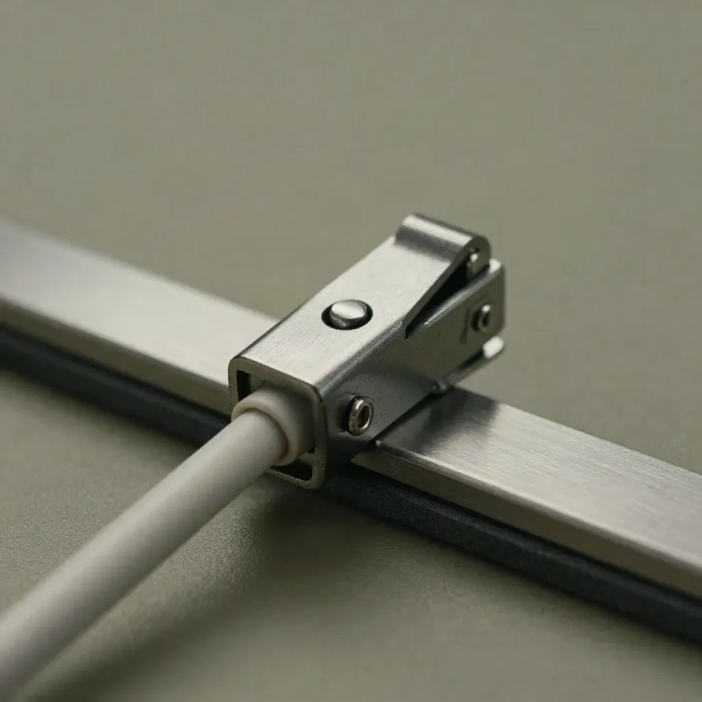 Routing clamp and cable guide redirecting a cable on dark slate