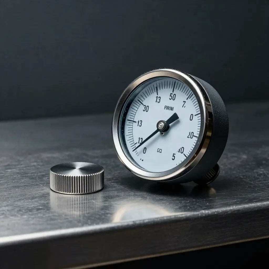 Industrial gauge, calibration puck and status disc on brushed metal with cobalt accents.