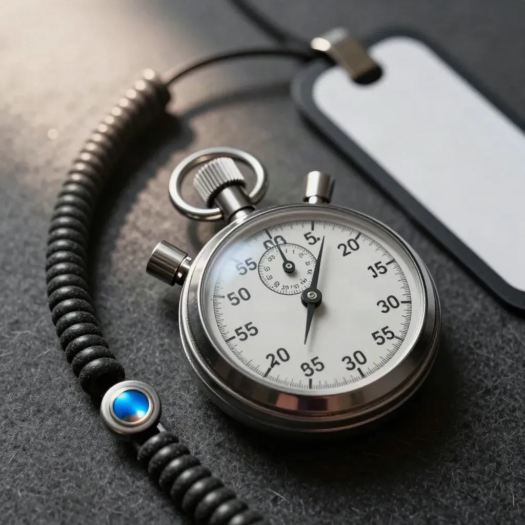 Macro still life of a stopwatch, tag clip, and coiled lanyard on graphite felt.