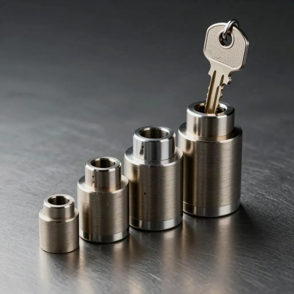 Access key, split-ring keys and lock cylinders on brushed metal under dramatic light.