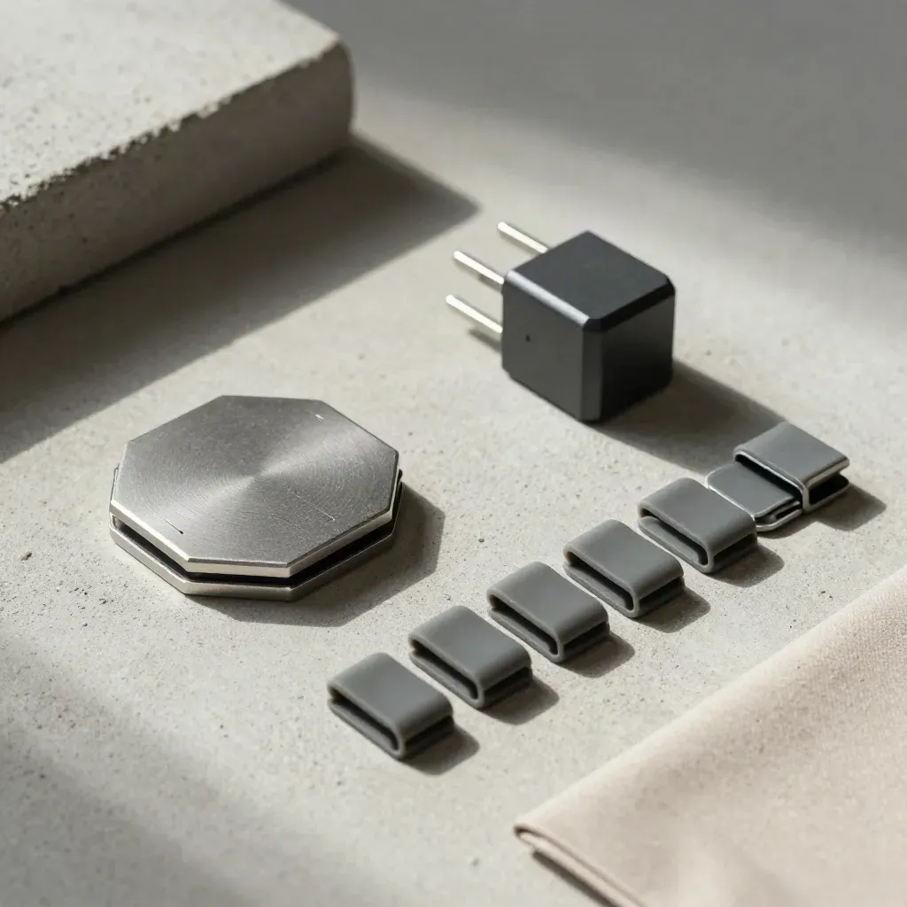 Top-down flatlay of a hardware token, power adapter and cable clips on pale concrete.