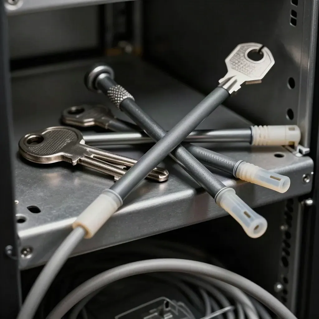 Rack keys, fibre patch leads, and a torque key on a server shelf in moody haze.