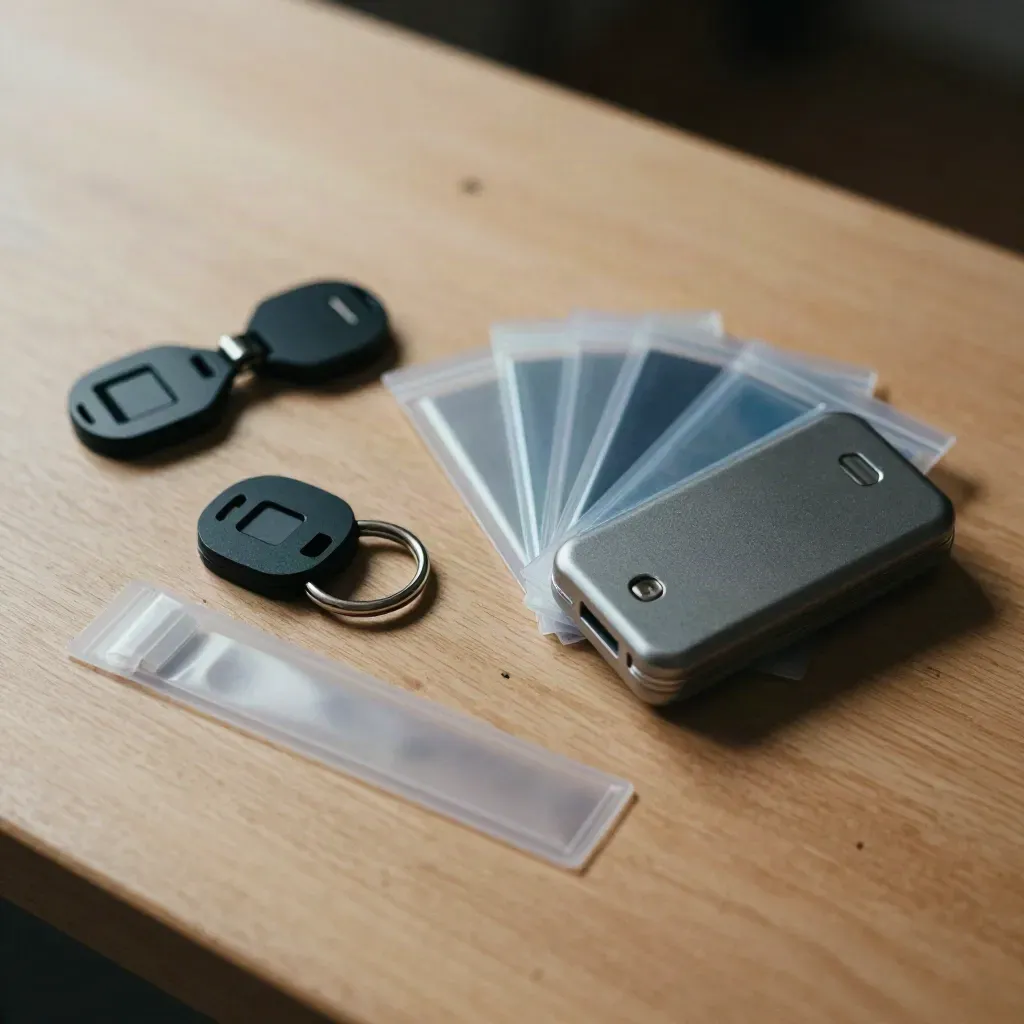 Packed startup ops kit with tokens, dongles, pouch clips and a key organiser on pale wood.