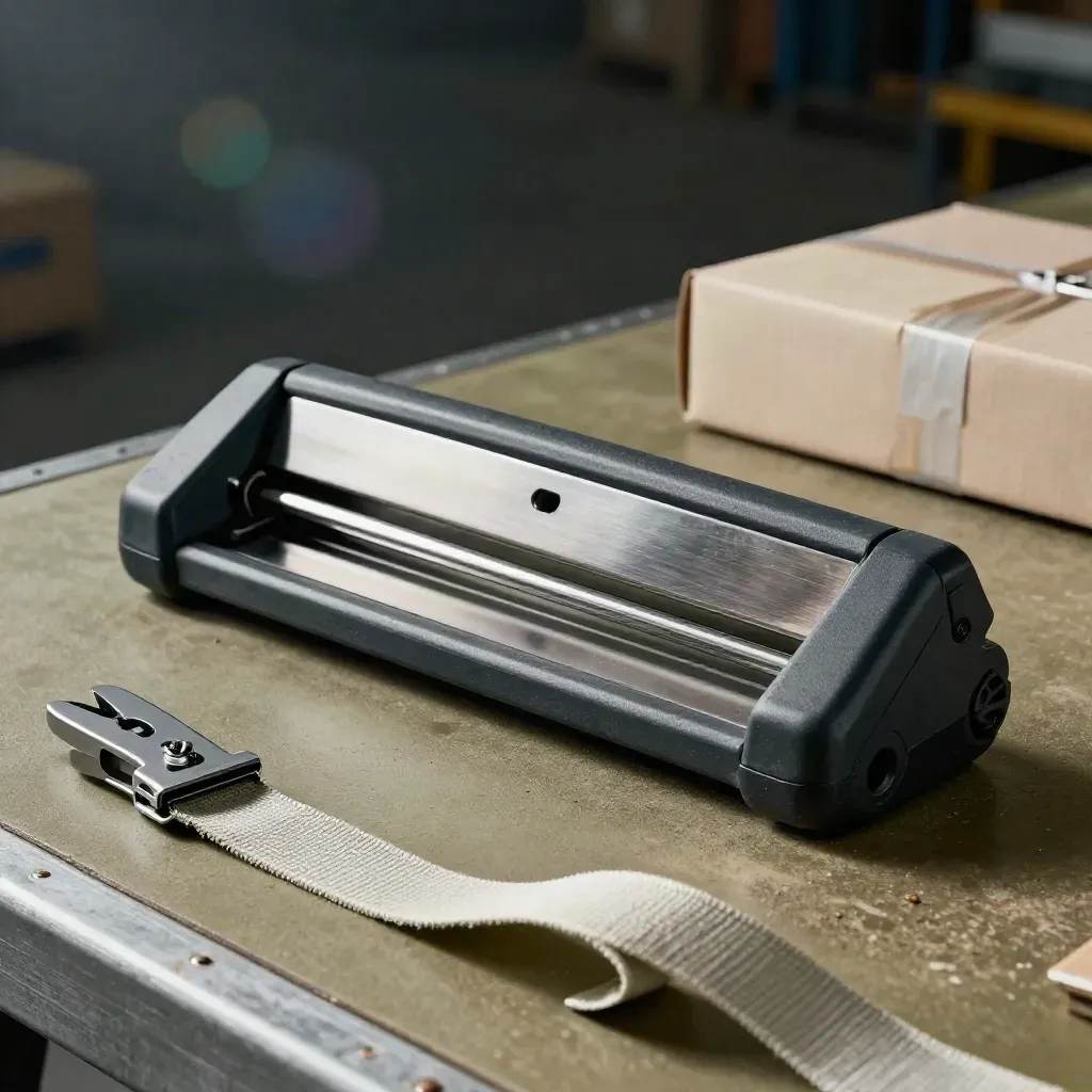 Warehouse scanner cradle, parcel cutter and nylon strap on a packing bay with cobalt glint.