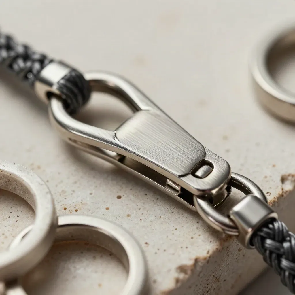 Macro of interlocked metal rings, a quick-release clip, and a braided connector on stone.