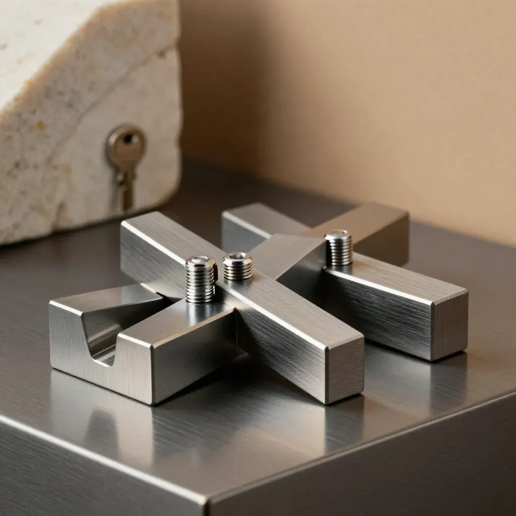 Machined dovetail blocks and fasteners joined on brushed metal in dramatic studio light