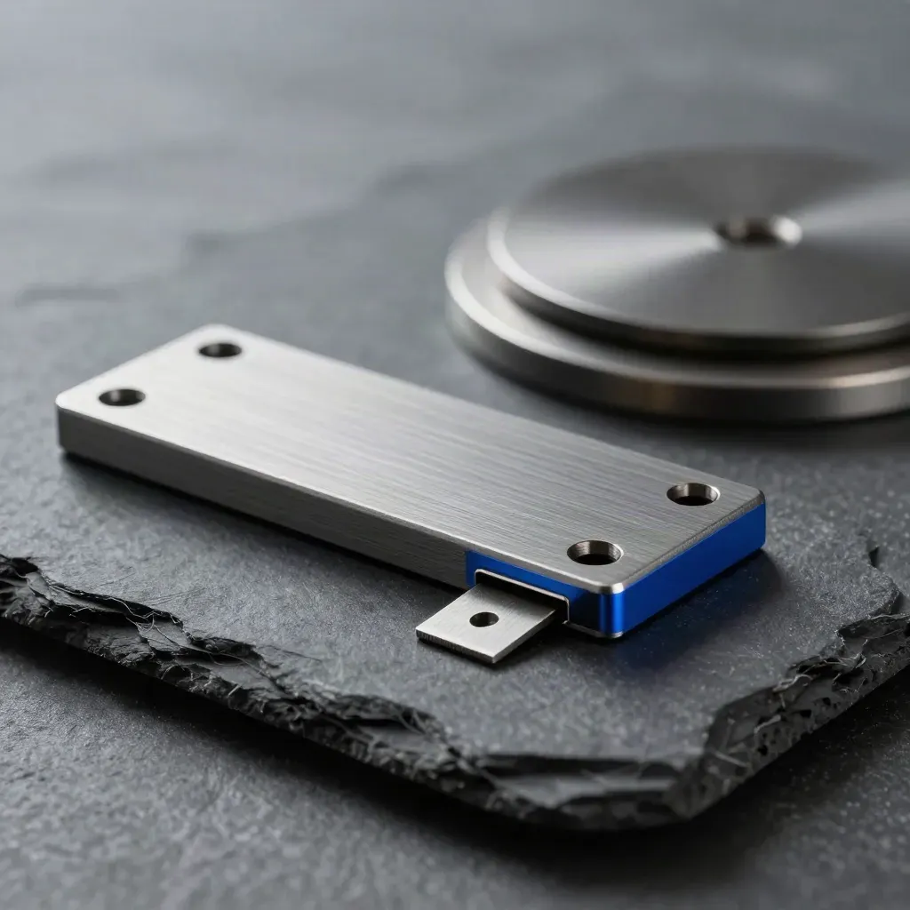 Brushed graphite connector plates and shims on slate, lit with a cobalt edge