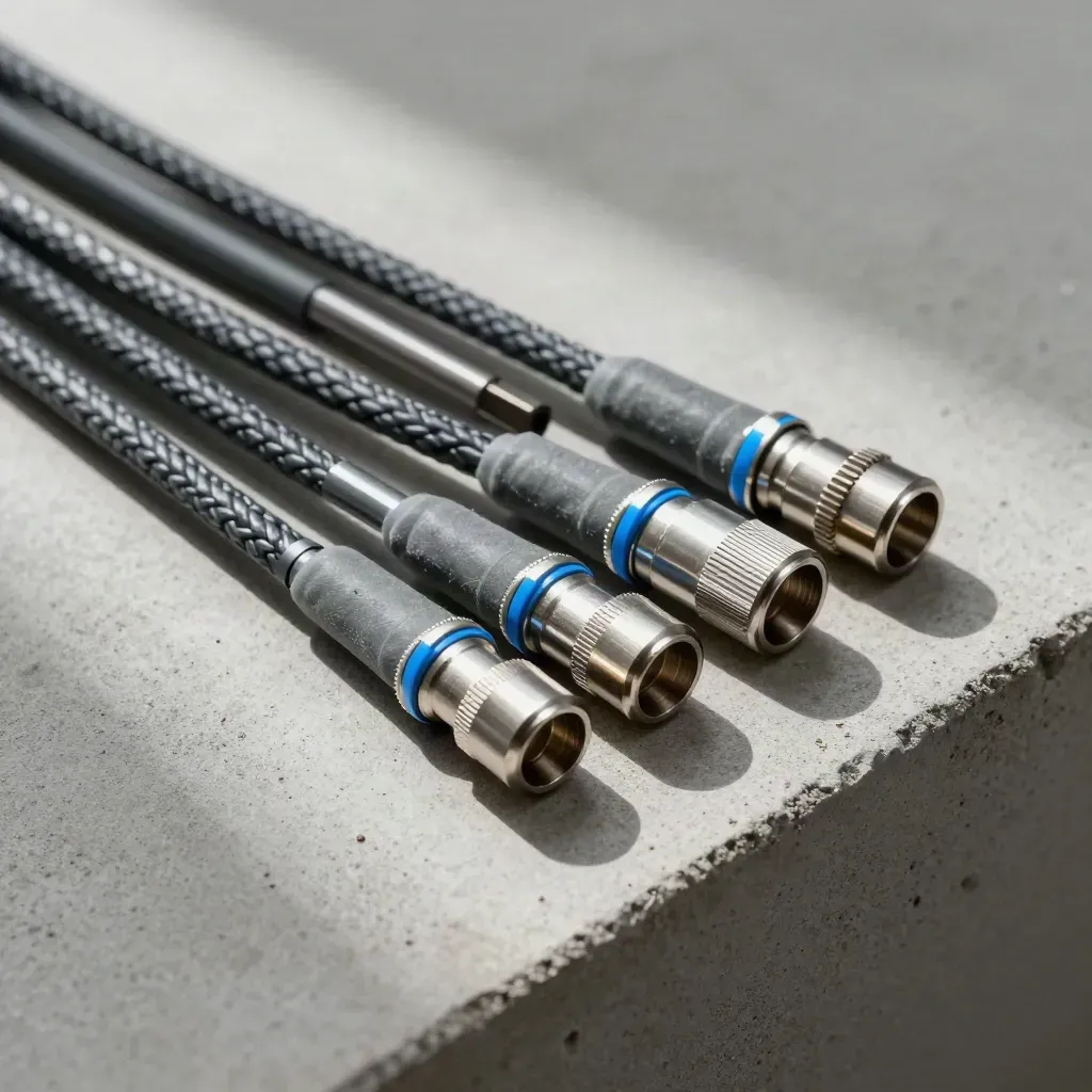 Overhead still life of braided sensor leads, couplers, and shims on pale concrete.