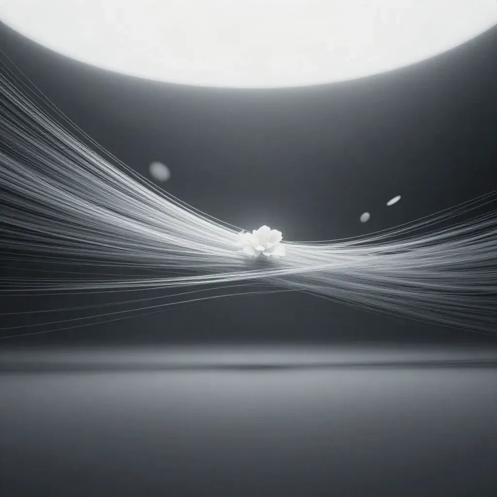 Silver filaments stream through graphite space into a soft off-centre bloom.